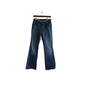 Express‎ Jeans Women Blue Flare Raw Fringe Waistband Distressed Denim 3/4L